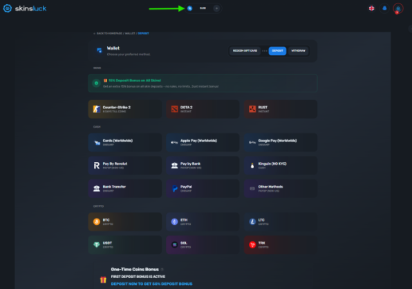 Deposit options for SkinsLuck.