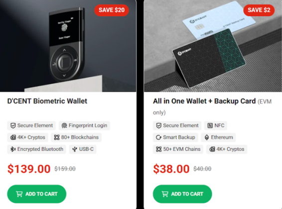 D’CENT Biometric and Card Wallet price comparison.
