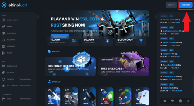 Account registration on SkinsLuck.