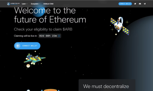 The welcome page of the Arbitrum airdrop