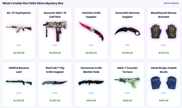 Items to win in JemLit CSGO skins mystery box.