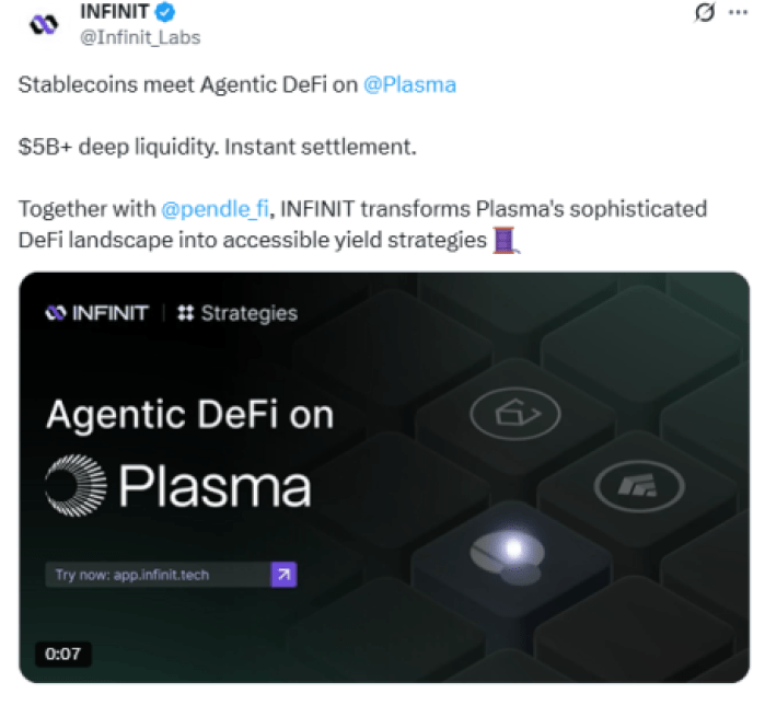 Best-Alcoins-Coinbase-MasterCard-Stablecoin-Deal Infinit announced the launch of Agentic Defi in Plasma on X.