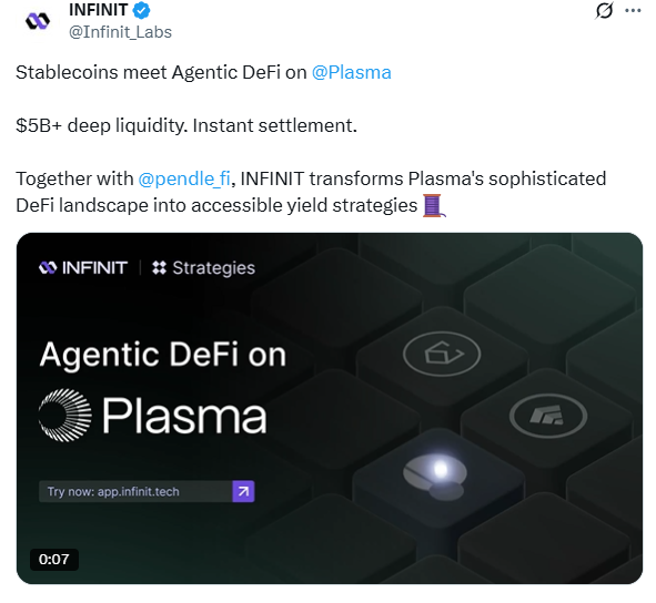 Best-Altcoins-Coinbase-Mastercard-Stablecoin-Deal INFINIT kündigte den Start von Agentic DeFi auf Plasma auf X an.
