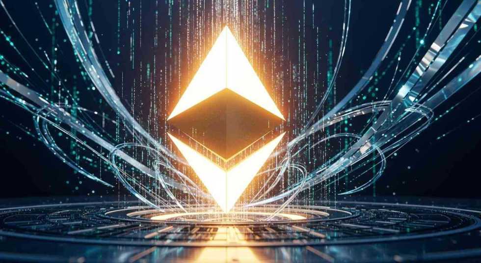 ภาพสัญลักษณ์ ETH ขนาดใหญ่พุ่งขึ้นจากระบบรักษาความปลอดภัย แสดงมูลค่าที่เติบโตอย่างรวดเร็วและการลงทุนสถาบัน