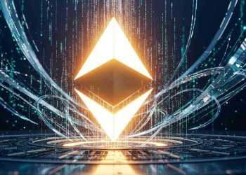 ภาพสัญลักษณ์ ETH ขนาดใหญ่พุ่งขึ้นจากระบบรักษาความปลอดภัย แสดงมูลค่าที่เติบโตอย่างรวดเร็วและการลงทุนสถาบัน