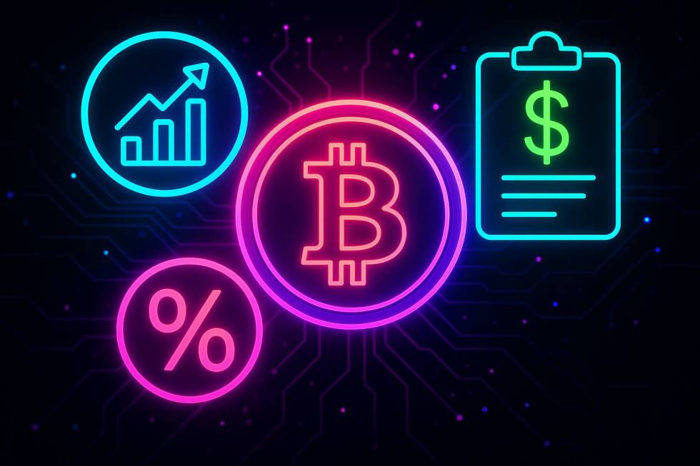Neonfarbendes Bild des US-Kapitols mit Bitcoin-Symbol und Blockchain-Elementen, modern und seriös gestaltet.