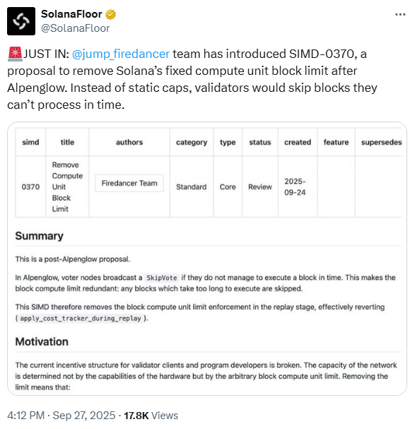deepseek-sol-price-prediction-boosts-snorter-token SolanaFloor hat Firedancer SIMD-0370 auf X angekündigt.