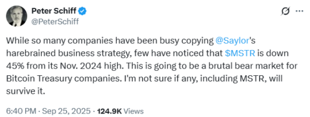 Peter Schiff criticized Strategy on X. 