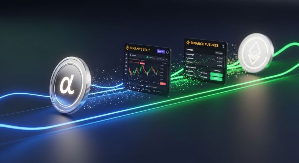 ภาพเหรียญคริปโตกำลังเดินทางบนเส้นทางที่สว่างไสวสู่ Binance Spot และ Futures สะท้อนถึงเหรียญใหม่ที่จะเข้า Binance