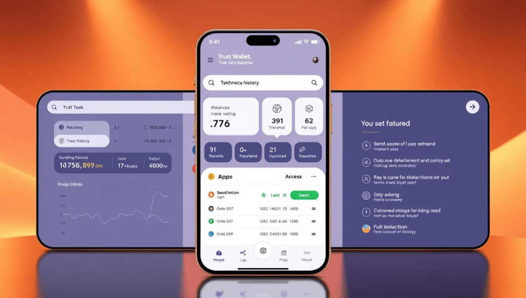 Trust Wallet mobile dashboard interface with charts and crypto balances
