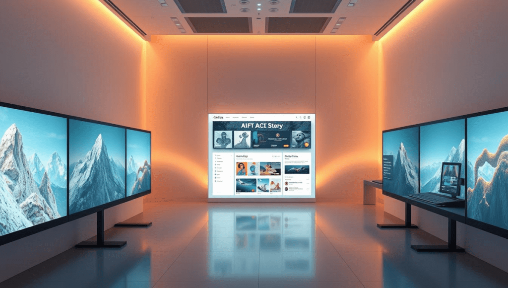 Futuristic NFT gallery room with multiple screens displaying digital artworks