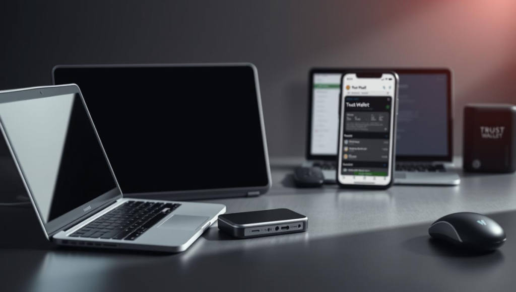 Trust Wallet mobile app open on phone with laptops and hardware wallet on desk