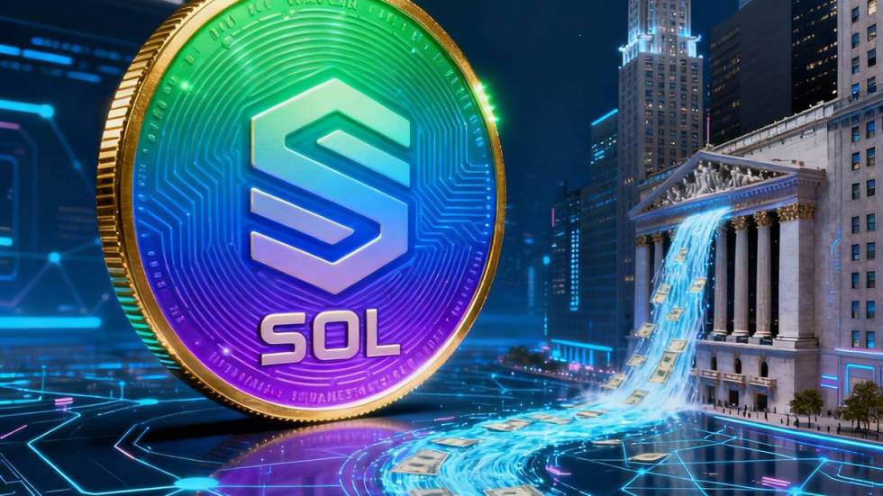 ภาพโลโก้ Solana ส่องสว่างอยู่ท่ามกลางกระแสเงินทุนดิจิทัลที่ไหลมาจากตึกระฟ้าใน Wall Street ซึ่งเป็นสัญลักษณ์ของการลงทุนจากสถาบันการเงิน
