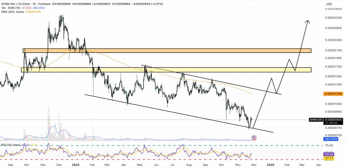 シバコイン 今後：RSIが買いシグナルを点灯、主要サポート反発が確認