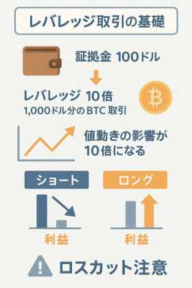仮想通貨のレバレッジ取引とショートの関係を説明する図解