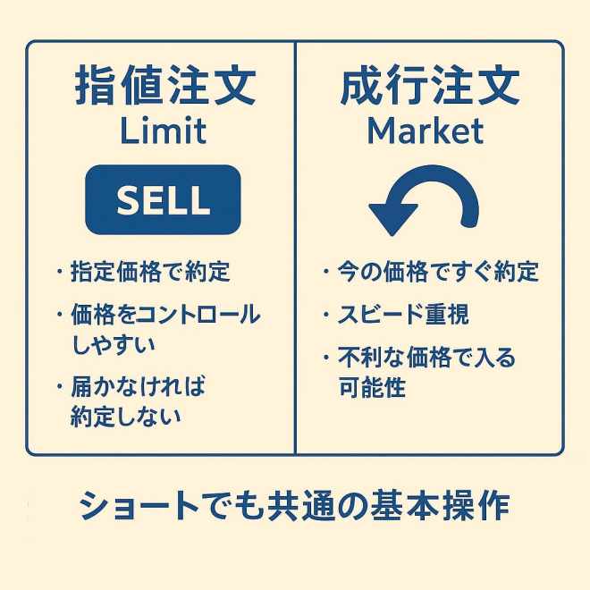 仮想通貨のショートで使う指値注文と成行注文の違いを説明した図解