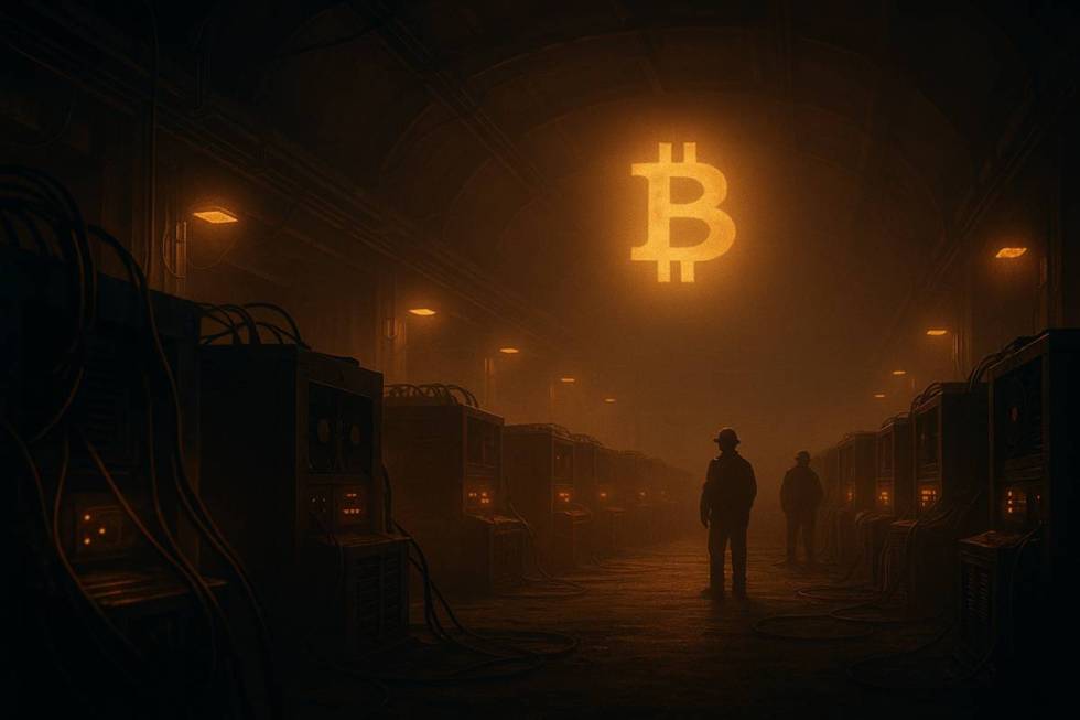 คนงานยืนในเหมือง Bitcoin เรืองแสงสีอำพันพร้อมเครื่องขุดเรียงราย