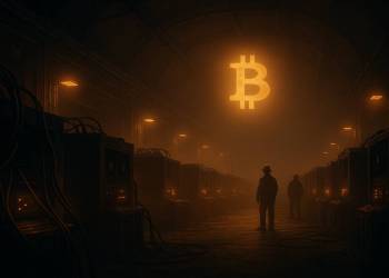 คนงานยืนในเหมือง Bitcoin เรืองแสงสีอำพันพร้อมเครื่องขุดเรียงราย
