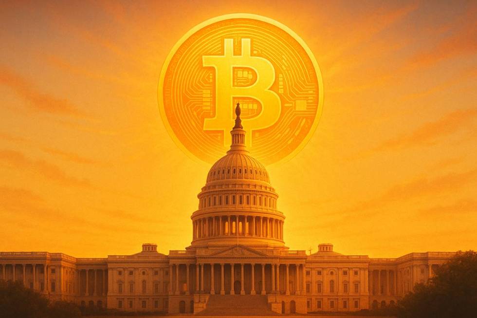 เหรียญ Bitcoin สีทองลอยเหนืออาคารรัฐสภาสหรัฐฯ ตอนรุ่งอรุณ