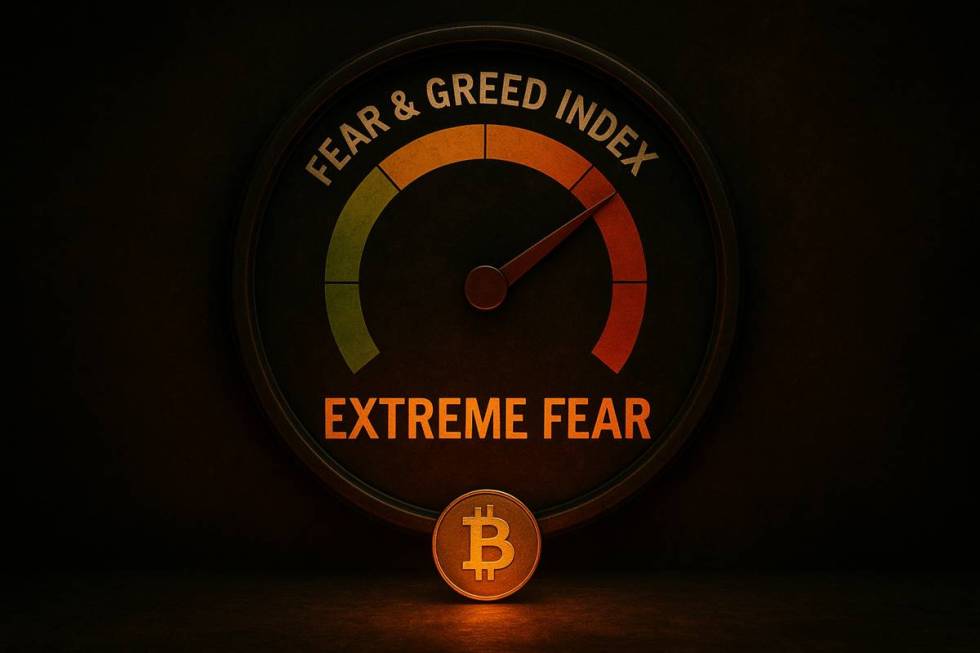 มาตรวัด Extreme Fear กับเหรียญ Bitcoin เรืองแสงด้านล่าง