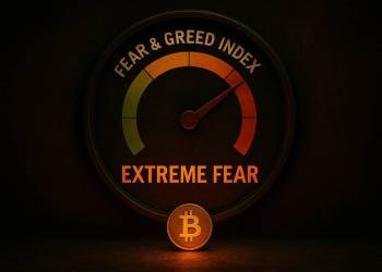 มาตรวัด Extreme Fear กับเหรียญ Bitcoin เรืองแสงด้านล่าง
