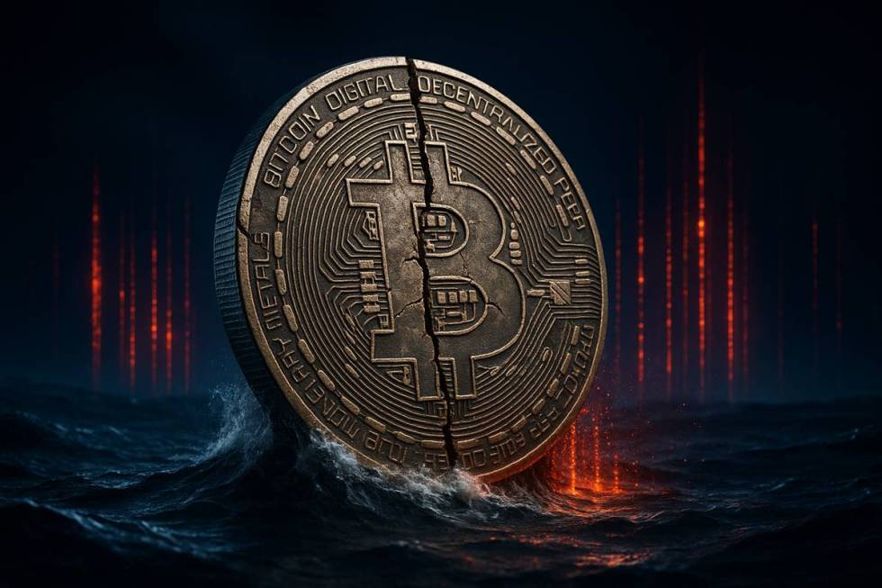 เหรียญ Bitcoin แตกร้าวกลางทะเลคลื่นมืดพร้อมแสงแดงพุ่งขึ้น