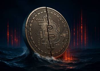 เหรียญ Bitcoin แตกร้าวกลางทะเลคลื่นมืดพร้อมแสงแดงพุ่งขึ้น