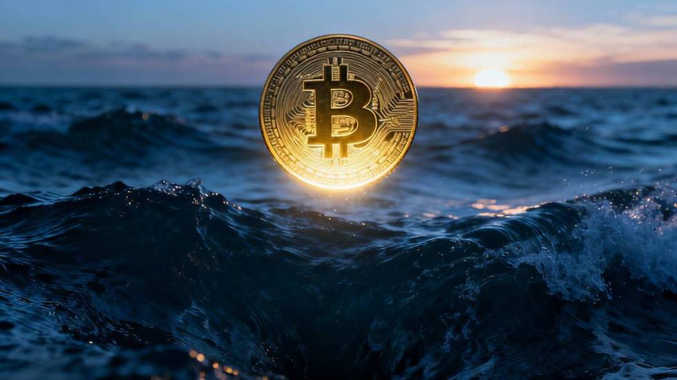 ภาพเหรียญ Bitcoin ส่องสว่างเหนือทะเลที่ปั่นป่วน เป็นสัญลักษณ์ของภาวะ Backwardation และสัญญาณการกลับตัวของตลาด
