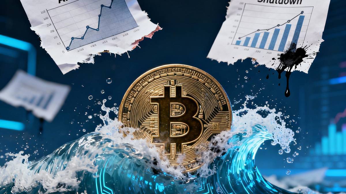 สัญลักษณ์ Bitcoin กำลังถูกคลื่นดิจิทัลชะล้างกราฟฟองสบู่ AI และ Government Shutdown สื่อถึงการรีเซ็ตตลาด