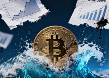 สัญลักษณ์ Bitcoin กำลังถูกคลื่นดิจิทัลชะล้างกราฟฟองสบู่ AI และ Government Shutdown สื่อถึงการรีเซ็ตตลาด