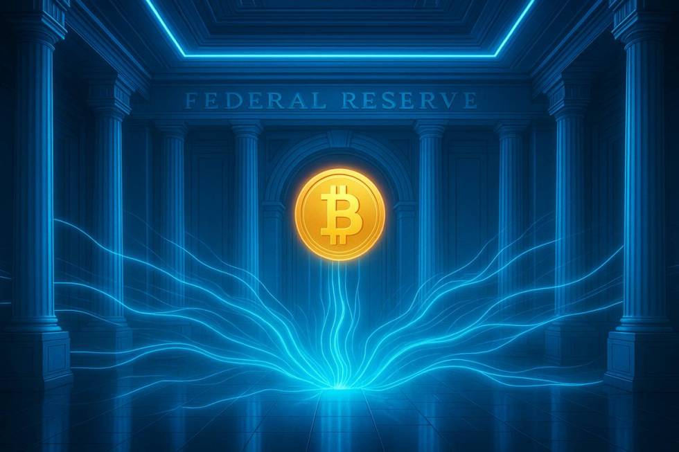 เหรียญ Bitcoin ลอยเหนือแสงพลังสีน้ำเงินในห้องสถาปัตยกรรม