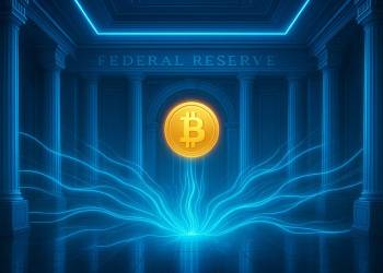 เหรียญ Bitcoin ลอยเหนือแสงพลังสีน้ำเงินในห้องสถาปัตยกรรม