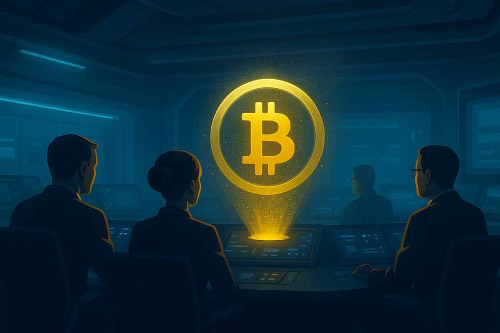 นักวิเคราะห์มองโฮโลแกรมเหรียญ Bitcoin ในห้องคอนโทรลล้ำสมัย