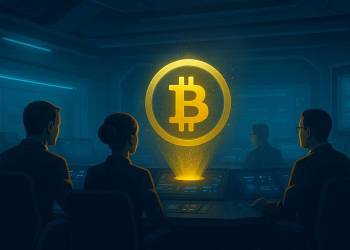 นักวิเคราะห์มองโฮโลแกรมเหรียญ Bitcoin ในห้องคอนโทรลล้ำสมัย
