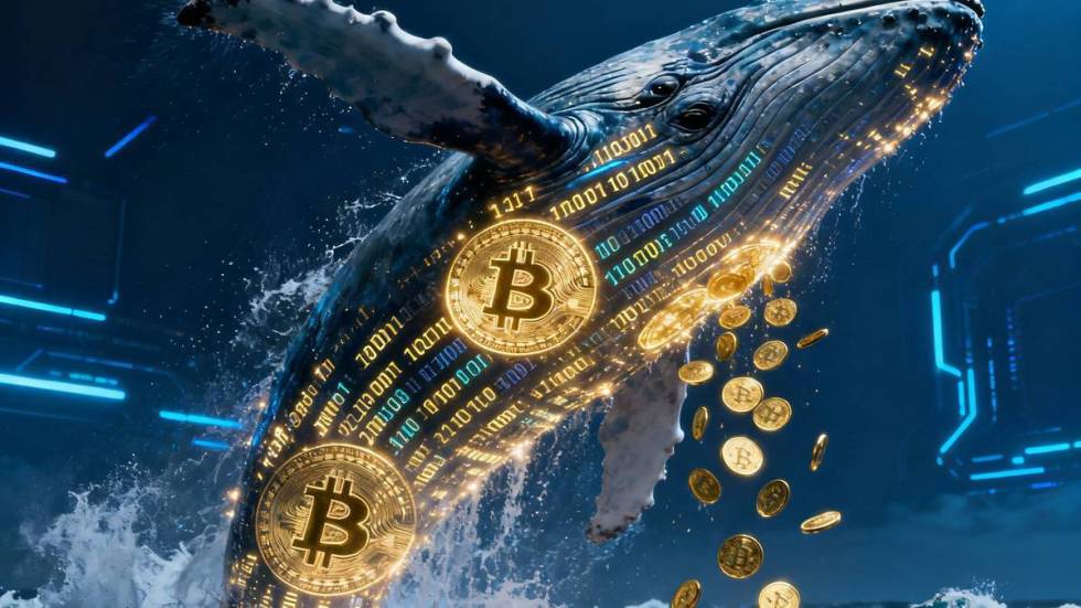 วาฬดิจิทัลพร้อมเหรียญ Bitcoin ลอยอยู่ในฉากไซไฟ