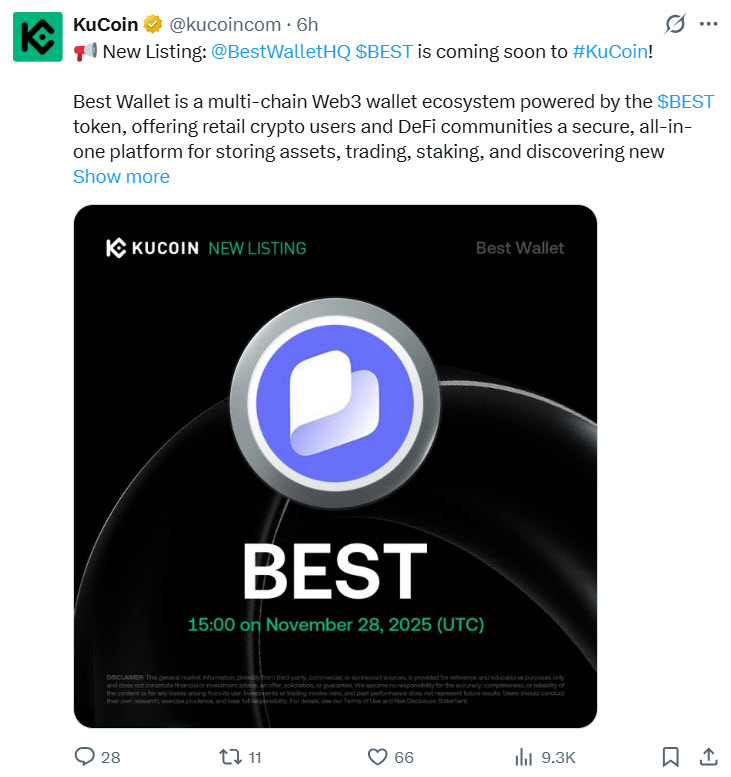 เหรียญ ICO ของ Best Wallet เตรียมลิสต์ KuCoin หลังฟาดพรีเซลกว่า $17 ล้าน!