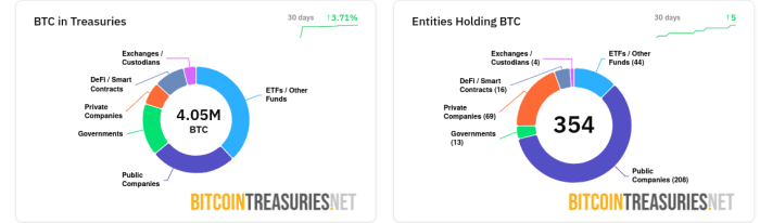 Bitcoin Treasuries charts showing the number of Bitcoin held in public companies.