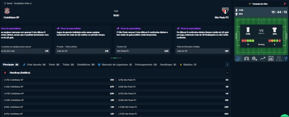 O BetPanda exibe cada linha com as respectivas odds ao lado