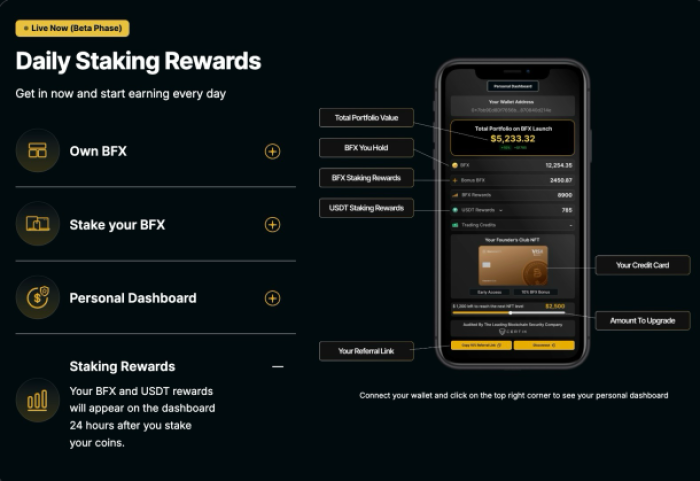BlockchainFX ($BFX) daily staking rewards mechanism.