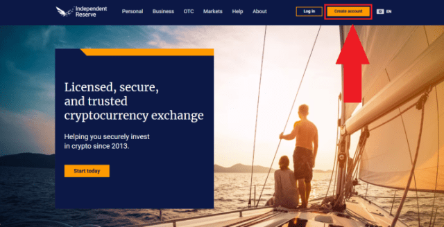 Creating an account on the Independent Reserve homepage.