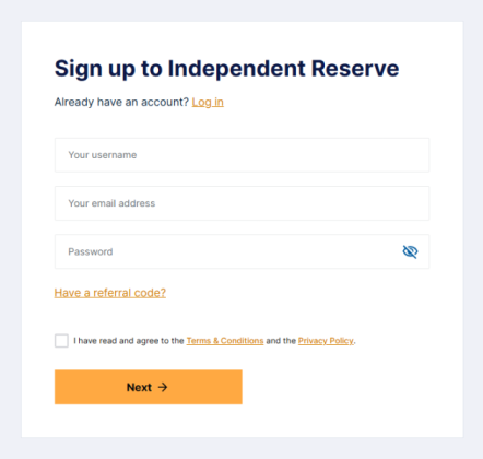 Creating an account on the Independent Reserve website.