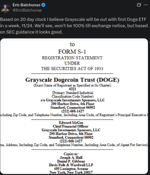 Eric Balchunas X post about a Dogecoin ETF