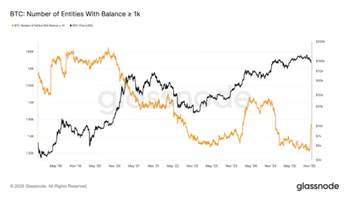 Glass node chart showing the number of entities with balances of over 1K BTC