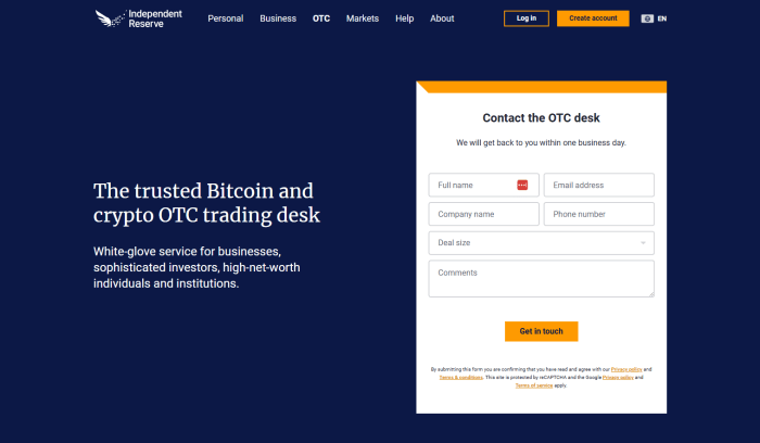 Independent Reserve OTC trading desk contact form.
