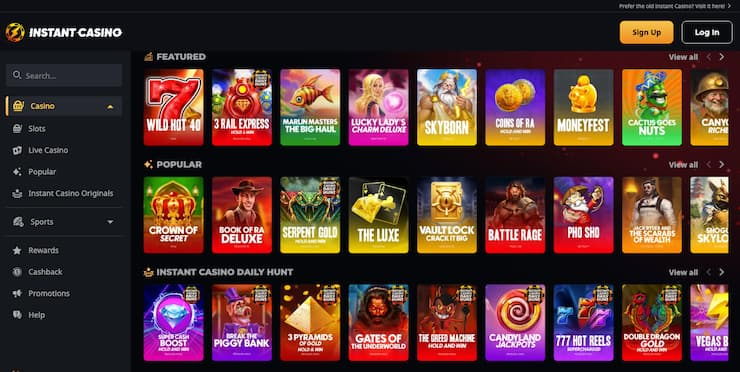 Instant Casino UK homepage showing slots lobby and bonus banner — a top choice among best PayPal casinos UK 2025 for fast deposits and mobile play.