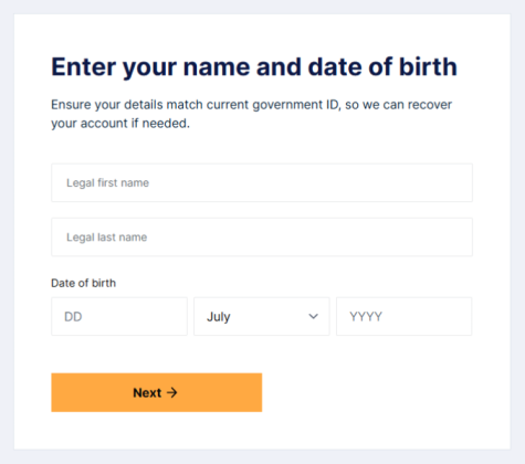 The Know Your Customer (KYC) verification process when signing up for an account on Independent Reserve.