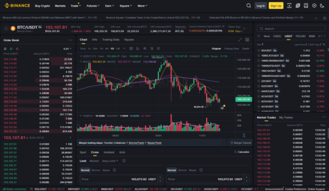 Leverage trading dashboard on the Binance website