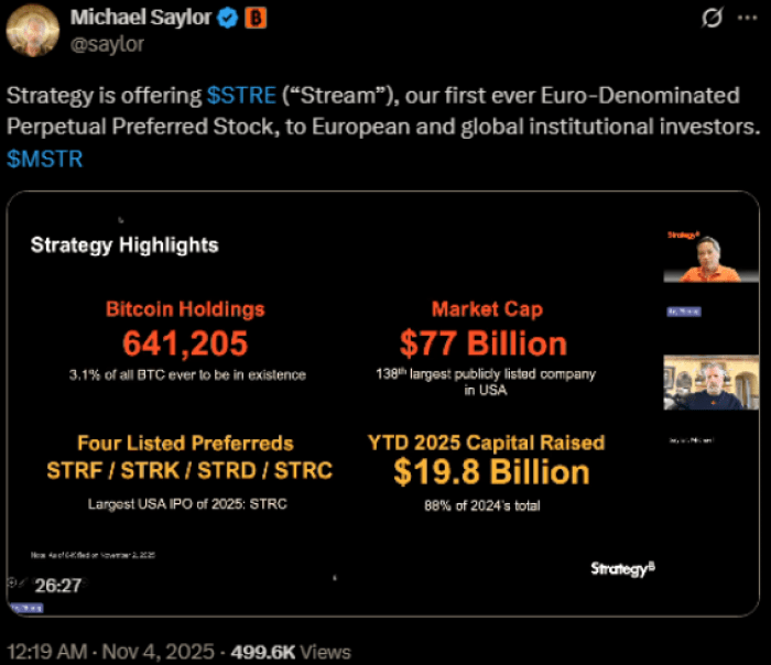 Michael Saylor’s X post announcing the launch of $STRE on European and global markets.