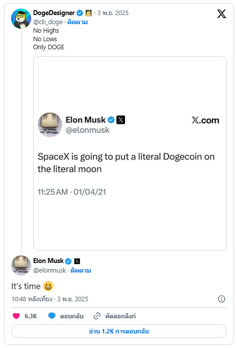 Musk ตอบกลับโพสต์เกี่ยวกับการส่ง Dogecoin ไปดวงจันทร์