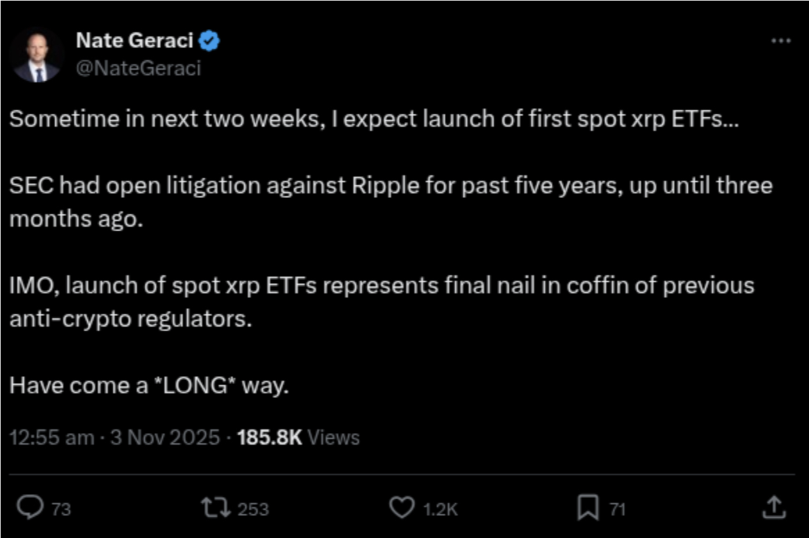 Nate Geraci erwartet die Einführung mehrerer Spot-$XRP-ETFs